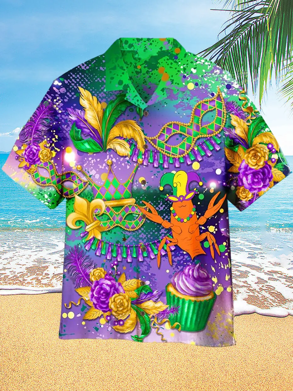 Mardi Gras Crawfish Cool Print Holiday Hawaiian Men's Short Sleeve Shi