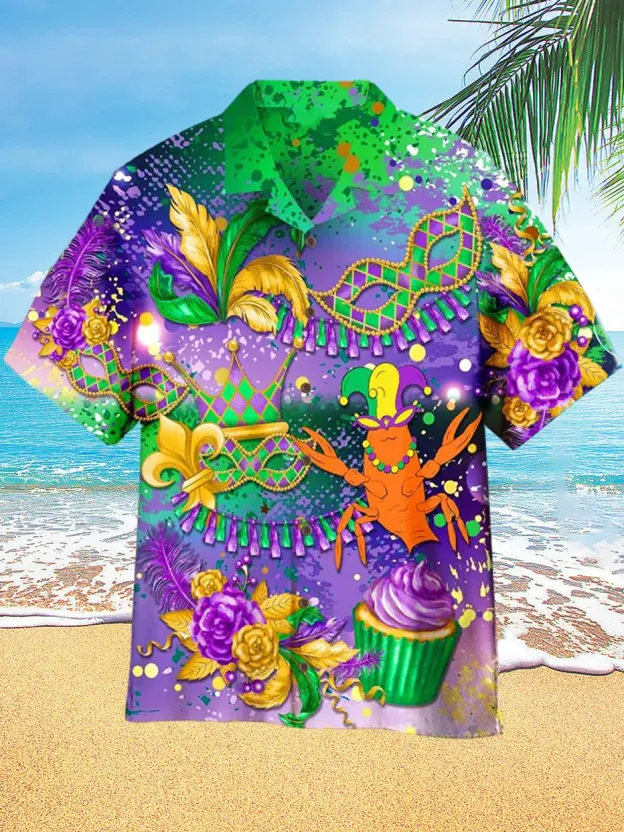 Mardi Gras Crawfish Cool Print Holiday Hawaiian Men's Short Sleeve Shi