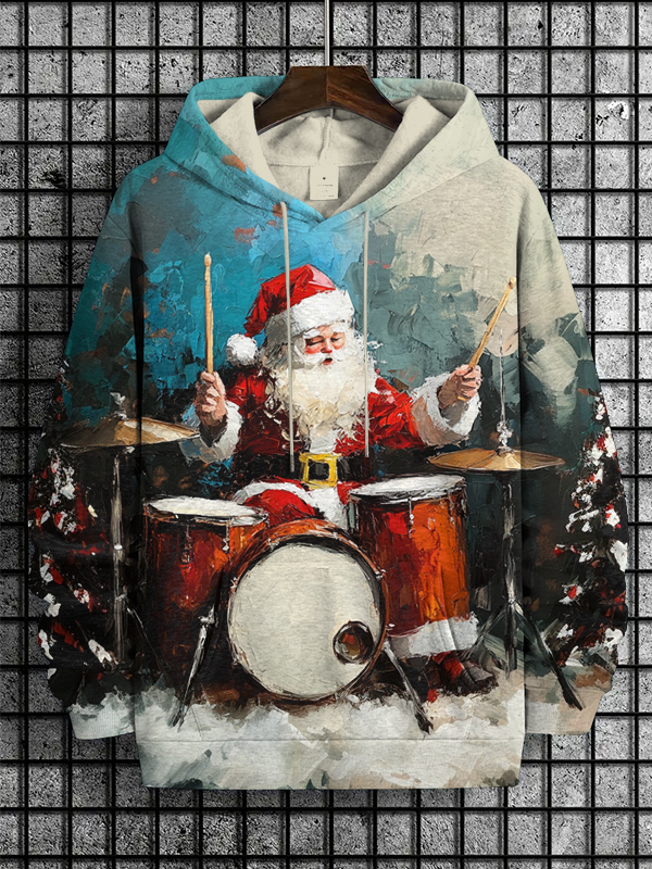 Men's Santa Claus Plays Drums Oil Painting Print Casual Hoodie