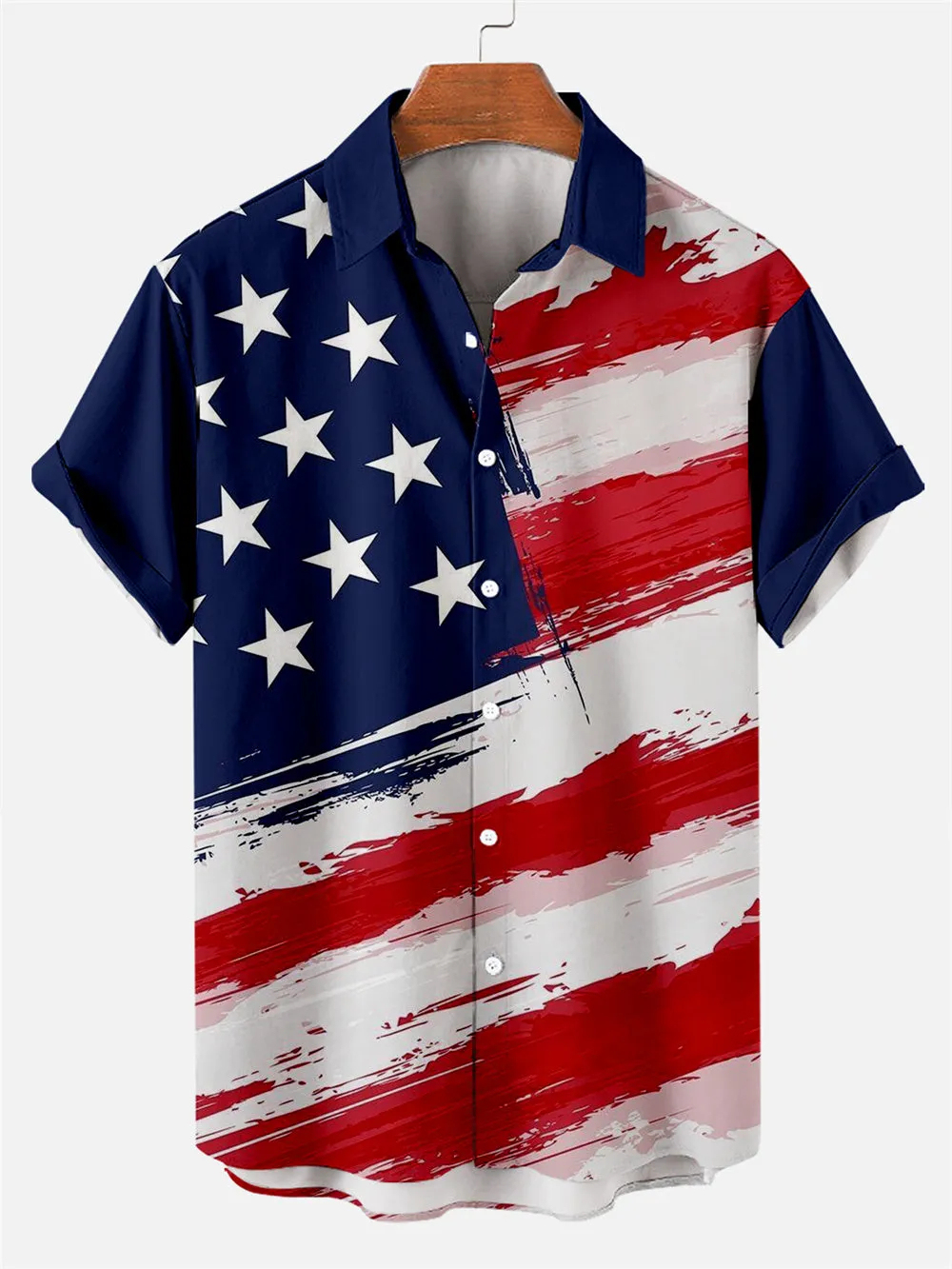 Men's Creative Hand Drawn American Flag Day Pattern Short Sleeve Shirt