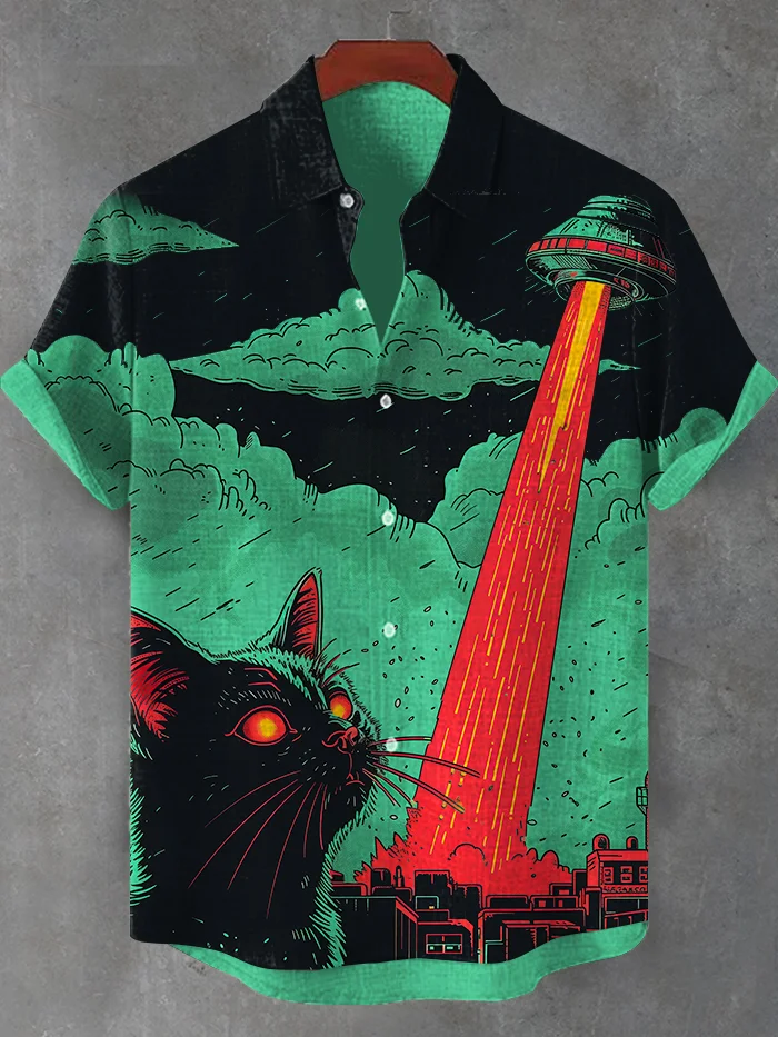 Men's Mutant Black Cat and UFO Short Sleeve Shirt