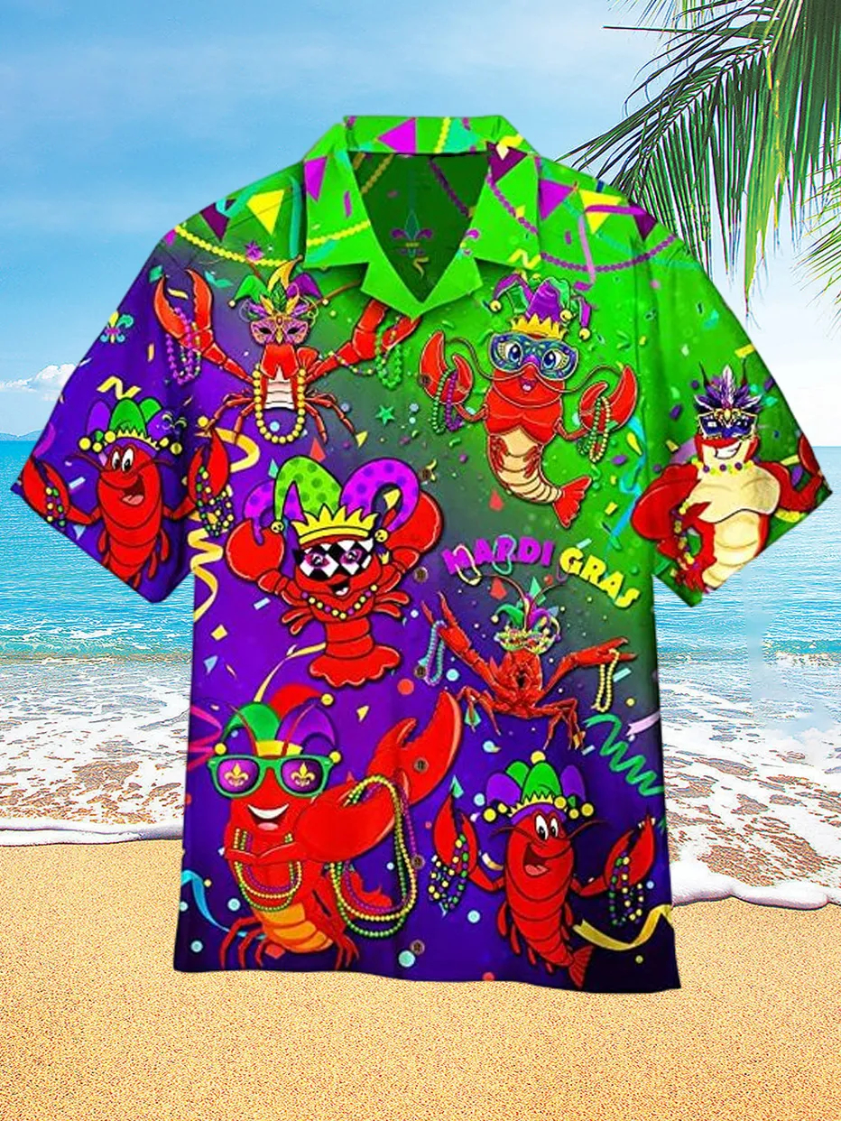Mardi Gras Crayfish Hawaiian Print Short Sleeve Shirt