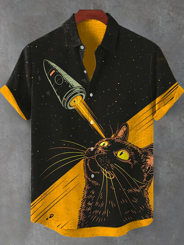 Men's Cat Saw Rocket Takeoff Retro Short Sleeve Shirt