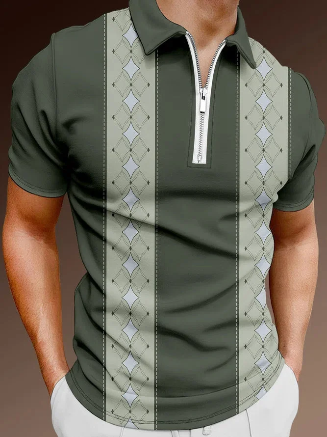 Men's Casual Art Graphic Short Sleeve Zip Polo Shirt
