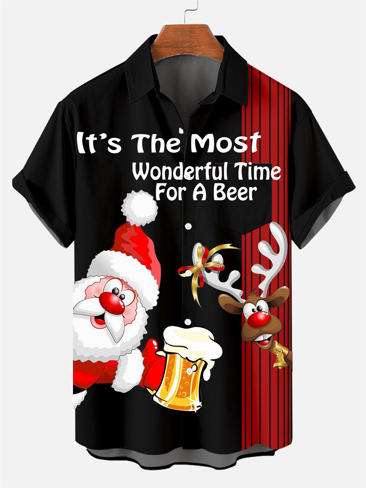 Men's Drink With Father Christmas Printed Short Sleeve Shirt  0327