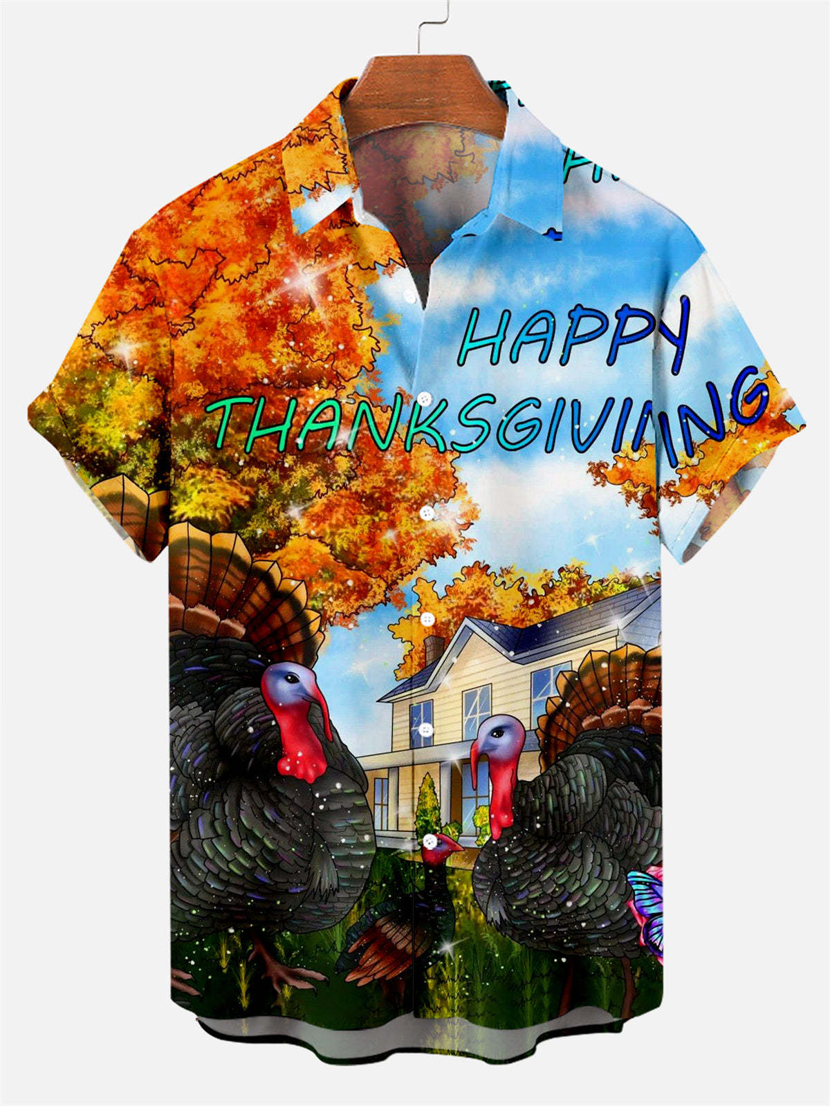 Men's Thanksgiving Creative Design Contrast Color Cartoon Turkey Pattern Short Sleeve Shirt