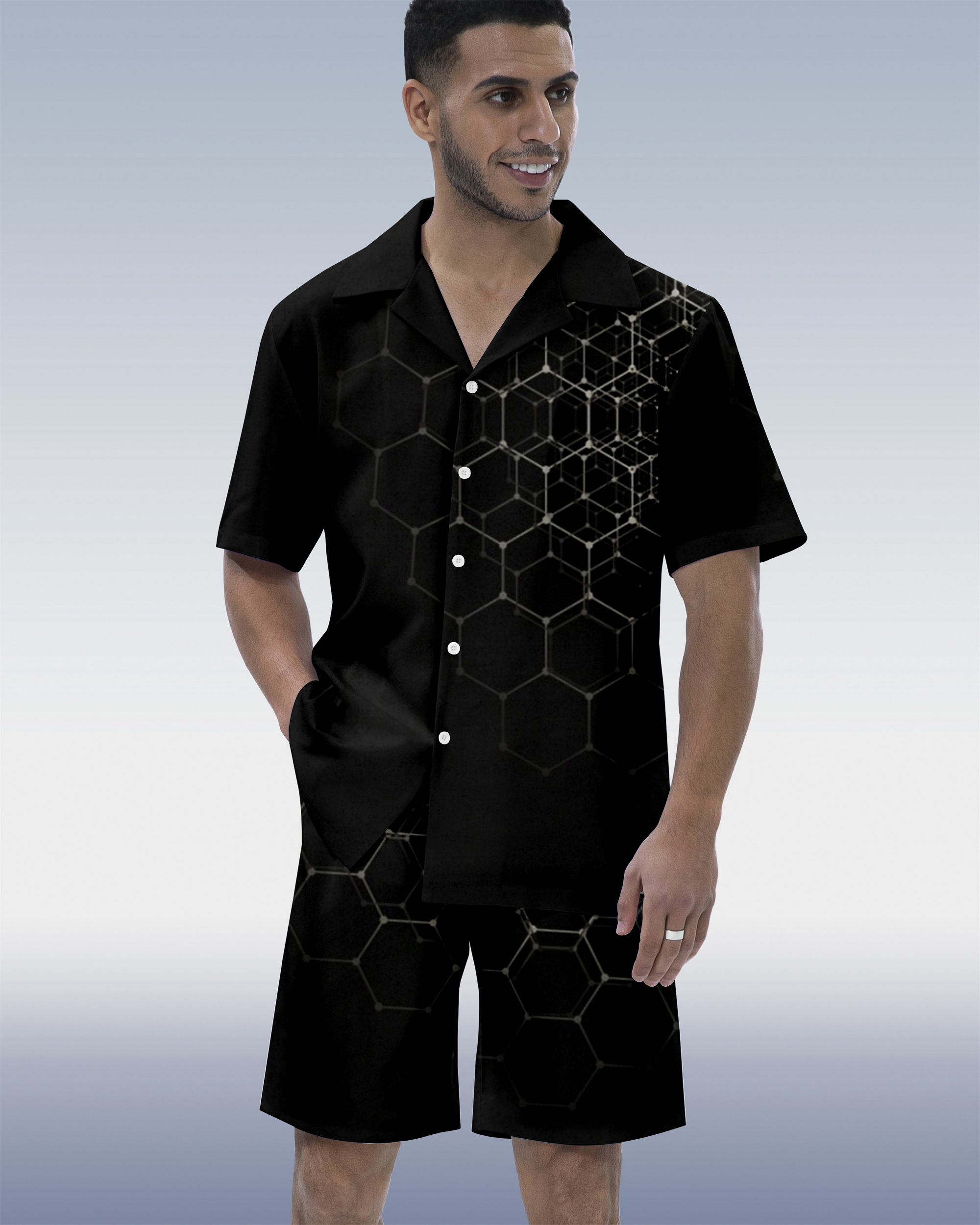 Men's Colorblock Geometric Hawaiian Cuban Collar Short Sleeve Shirt Set 03