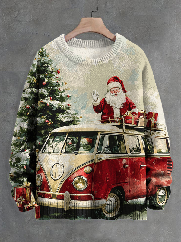 Men's Christmas Santa Drives Hippie Car Delivers Presents Print Knit Sweatshirt