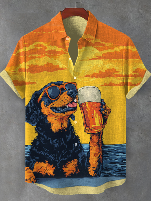 Men's Sunset Beer Cool Dachshund Art Print Shirt