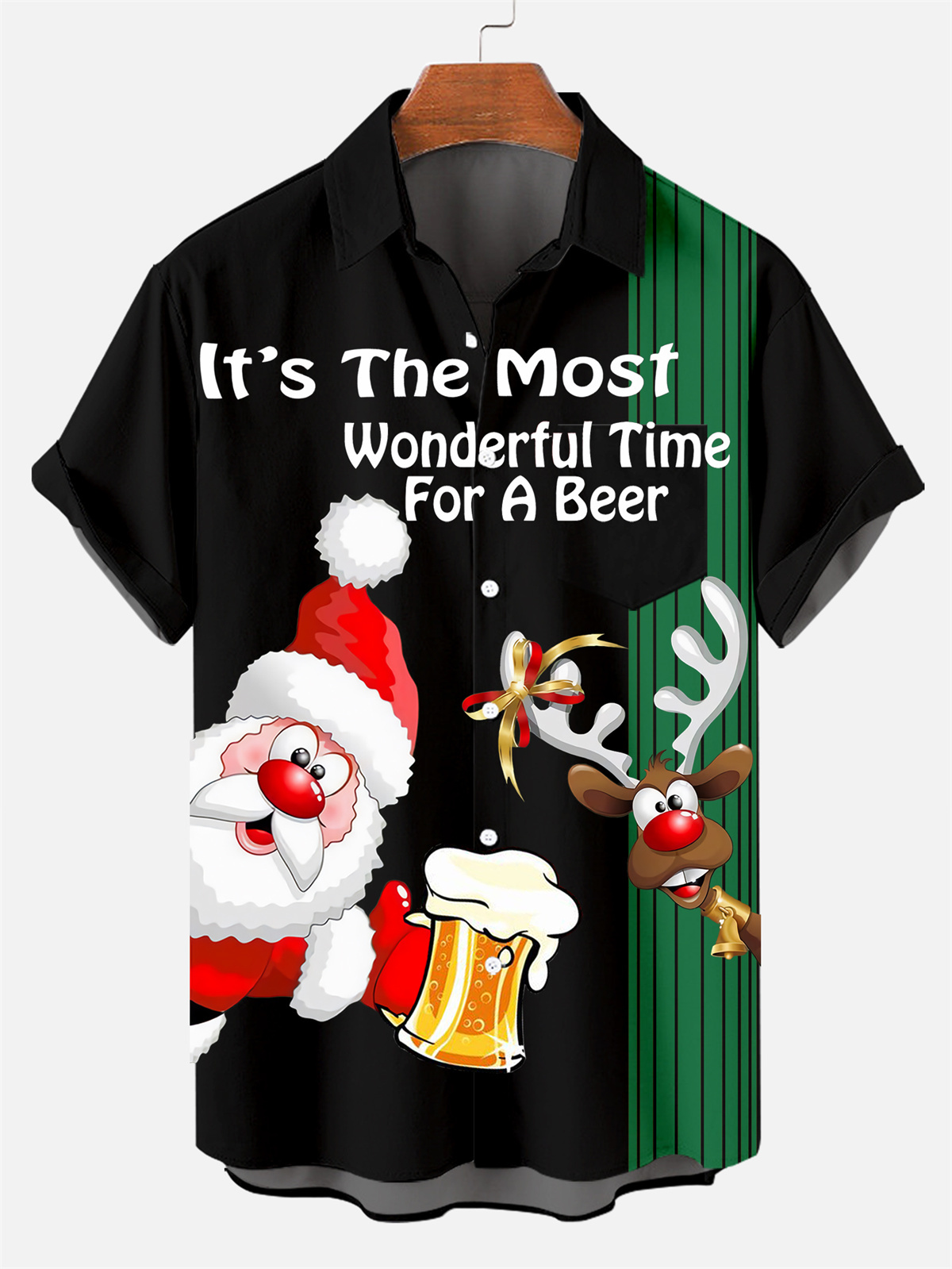 Men's Drink With Father Christmas Printed Short Sleeve Shirt  0327