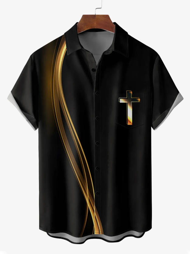 Easter Cross Print Striped Short Sleeve Bowling Shirt
