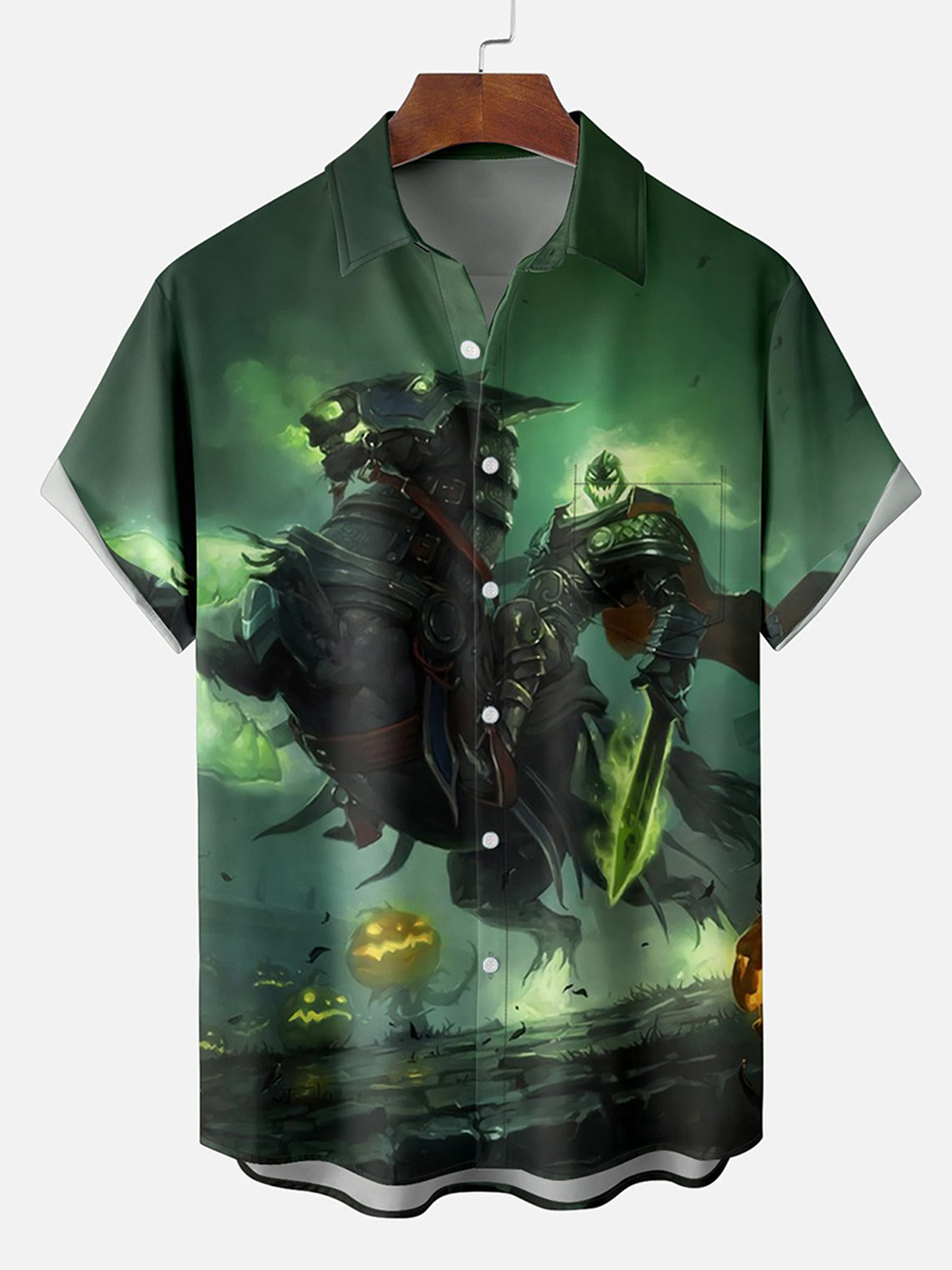 Halloween Headless Horseman Art Illustration Chest Pocket Hawaiian Shi