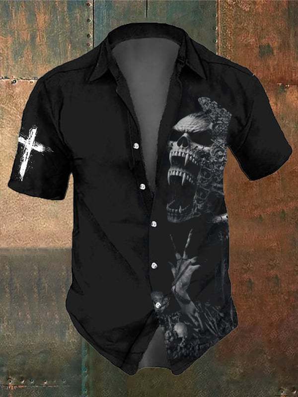 Men's Retro Dark Skull Casual Pocket Short Sleeve Shirt