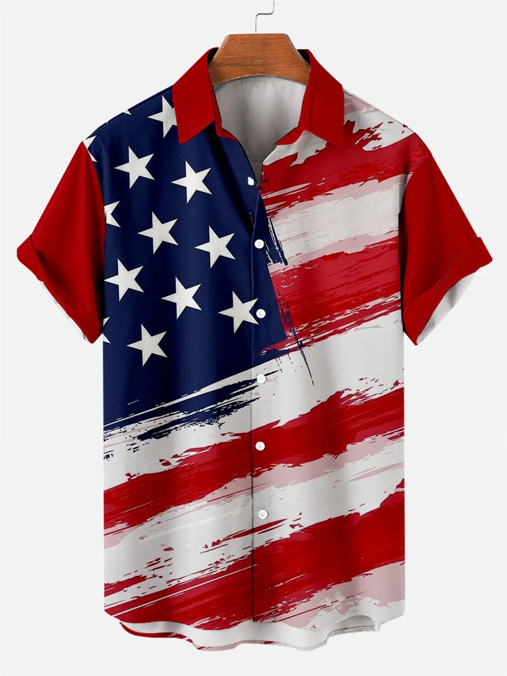 Men's Creative Hand Drawn American Flag Day Pattern Short Sleeve Shirt
