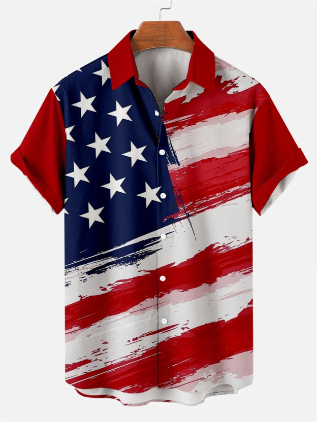 Men's Creative Hand Drawn American Flag Day Pattern Short Sleeve Shirt