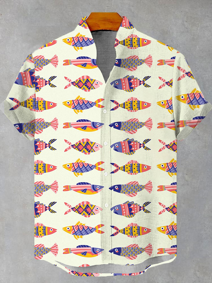 Geometric Cartoon Fish Retro Sea Life Short Sleeve Shirt
