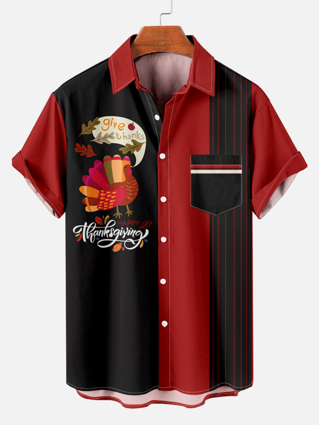 Men's Retro Contrast Thanksgiving Turkey Logo Print Pocket Shirt