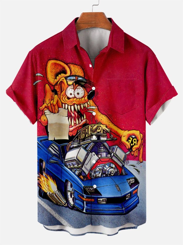 Men's Nostalgic Anime Character Retro Car Short Sleeve Shirt