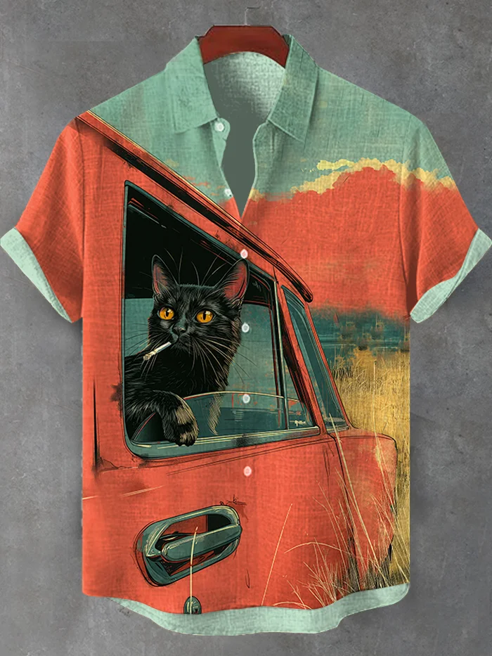 Men's Cat Theme Retro Cartoon Shirt
