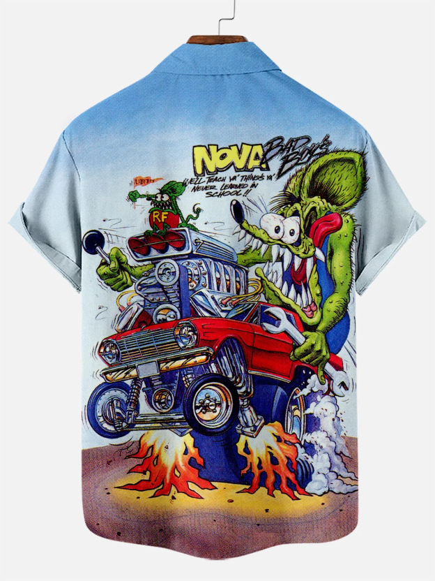 Men's Nostalgic Anime Character Retro Car Short Sleeve Shirt