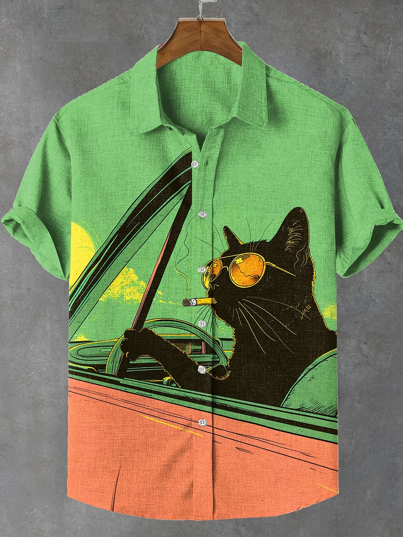 Men's Smoking Cat Theme Retro Cartoon Shirt