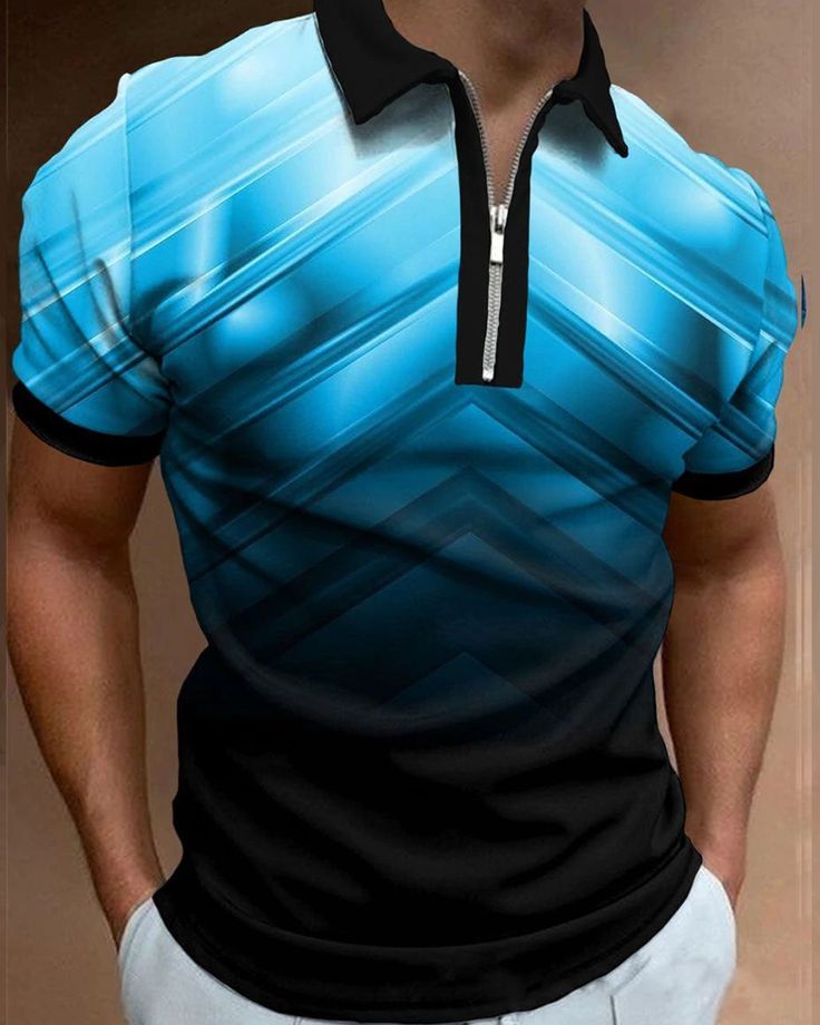 Men's Casual Art Graphic Short Sleeve Zip Polo Shirt