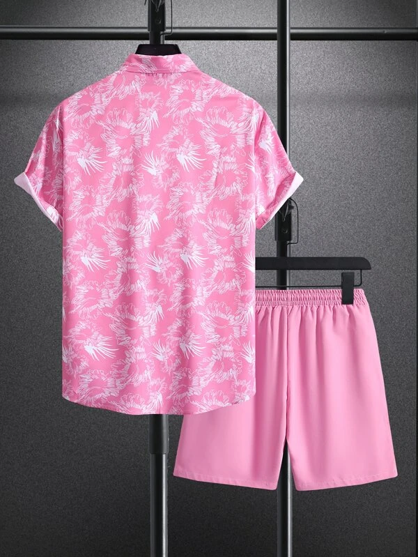 Suitmens Men's Pink Hawaiian Print Short Sleeve Shirt Set 016