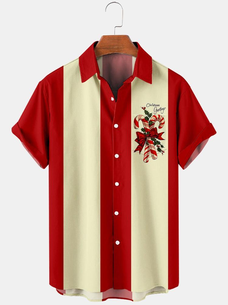Men Christmas Contrast Color Stripes Men Christmas Print Pocket Front Short Sleeves ShirtPrint Short Sleeves Shirt