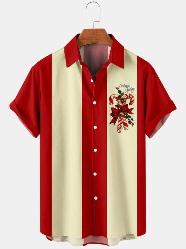 Men Christmas Contrast Color Stripes Men Christmas Print Pocket Front Short Sleeves ShirtPrint Short Sleeves Shirt