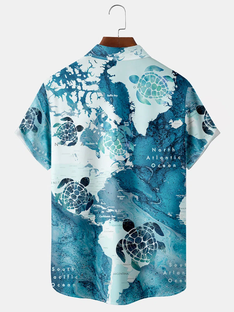 Men'S Ocean Map And Turtles Print Shirt