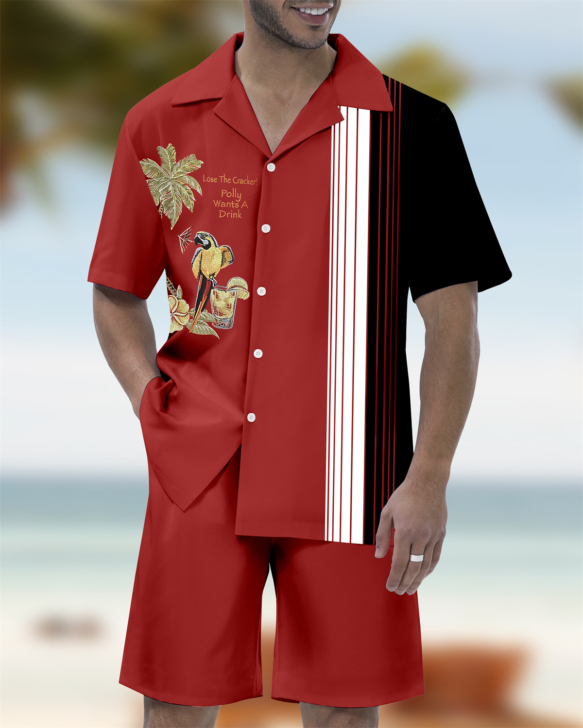 Men's Parrot Head Party Hawaiian Cuban Collar Short Sleeve Shirt Set
