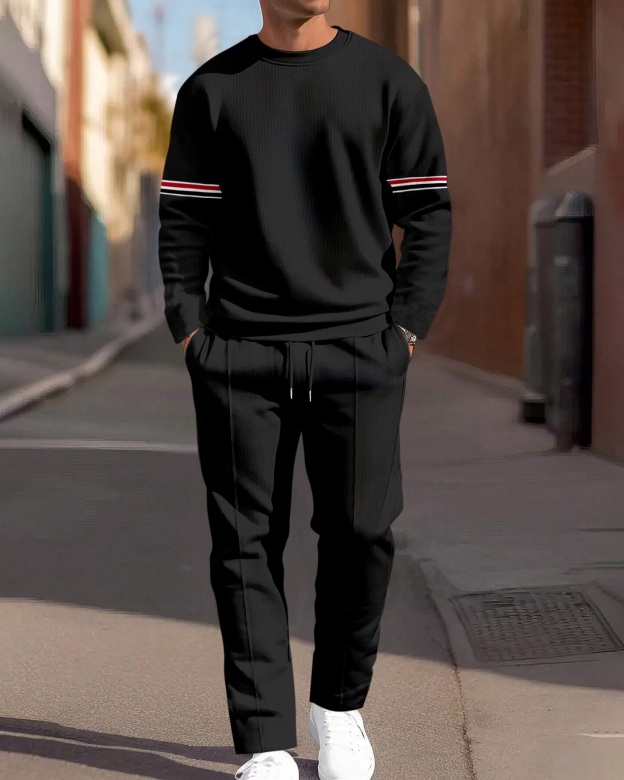 Men's Simple Colorblock Round Neck Casual Sports Set 0191