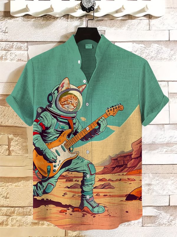 Men's Astronaut Playing Guitar Printed Casual Shirt