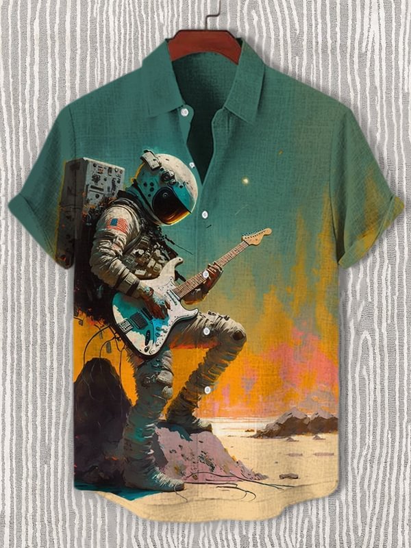 Men's Astronaut Playing Guitar Printed Casual Shirt