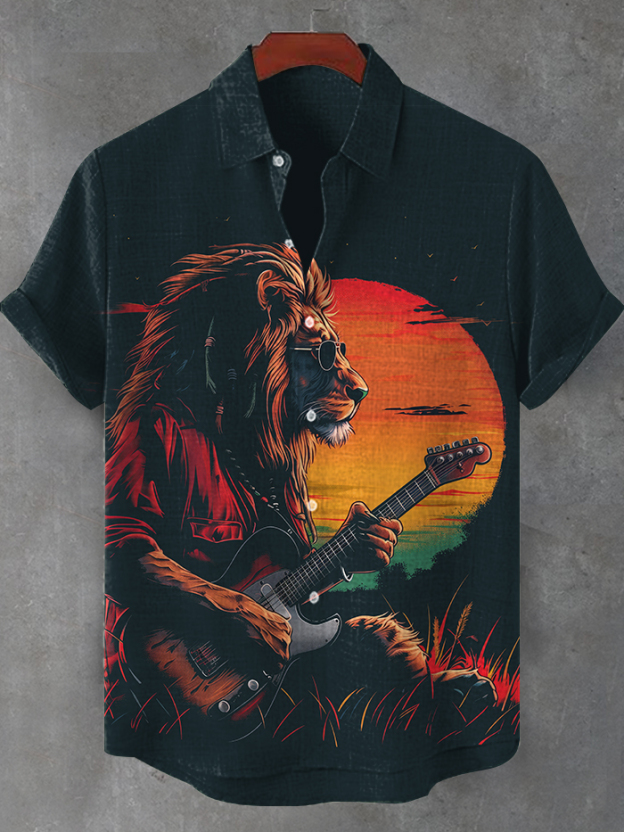 Men's Sunset Reggae Lion Guitar Art Print Shirt
