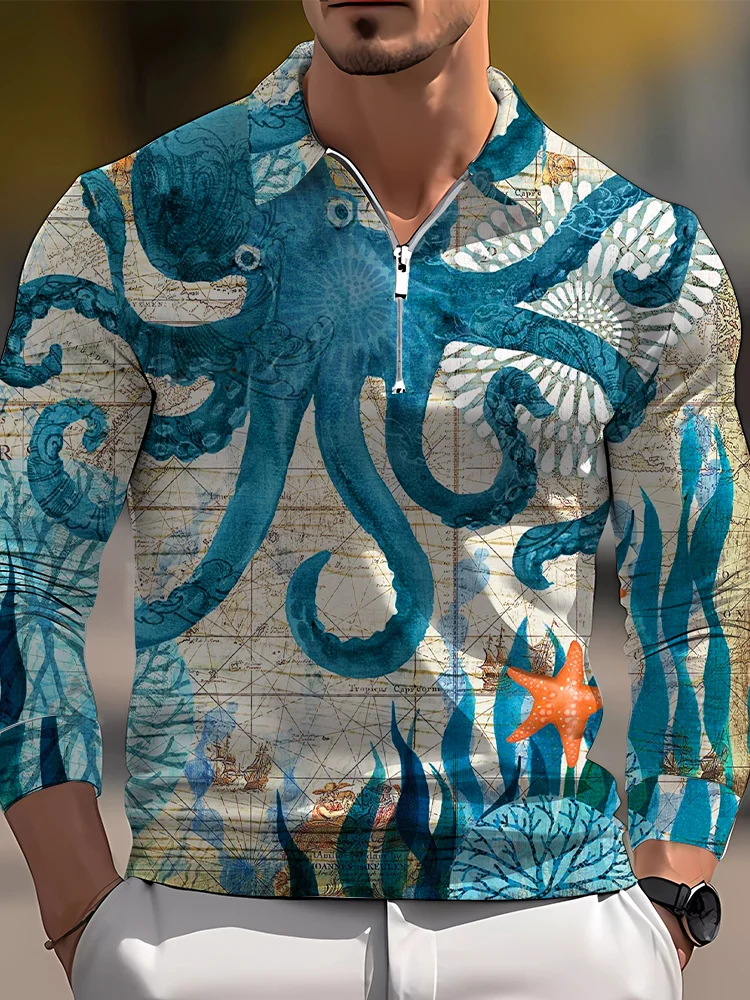 Men's casual art graphic zip long sleeve polo shirt