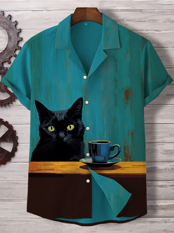 Men's Black Cat With Cup Of Coffee Art Print Linen Blend Shirt