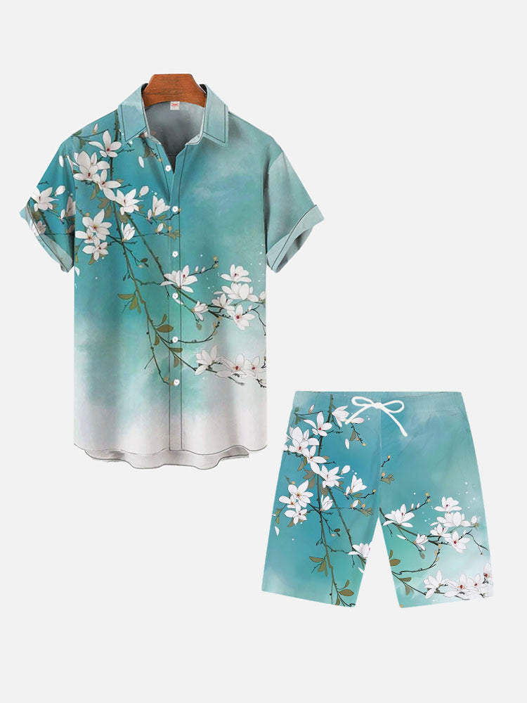 Mysterious Oriental Cyan Blooming Flowers And Branches Printing Shorts