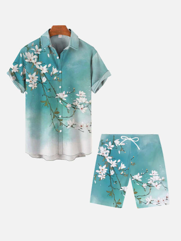 Mysterious Oriental Cyan Blooming Flowers And Branches Printing Shorts