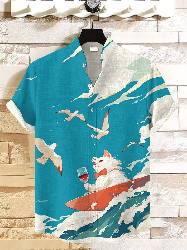 Men's Seagull and Cat Theme Retro Cartoon Shirt