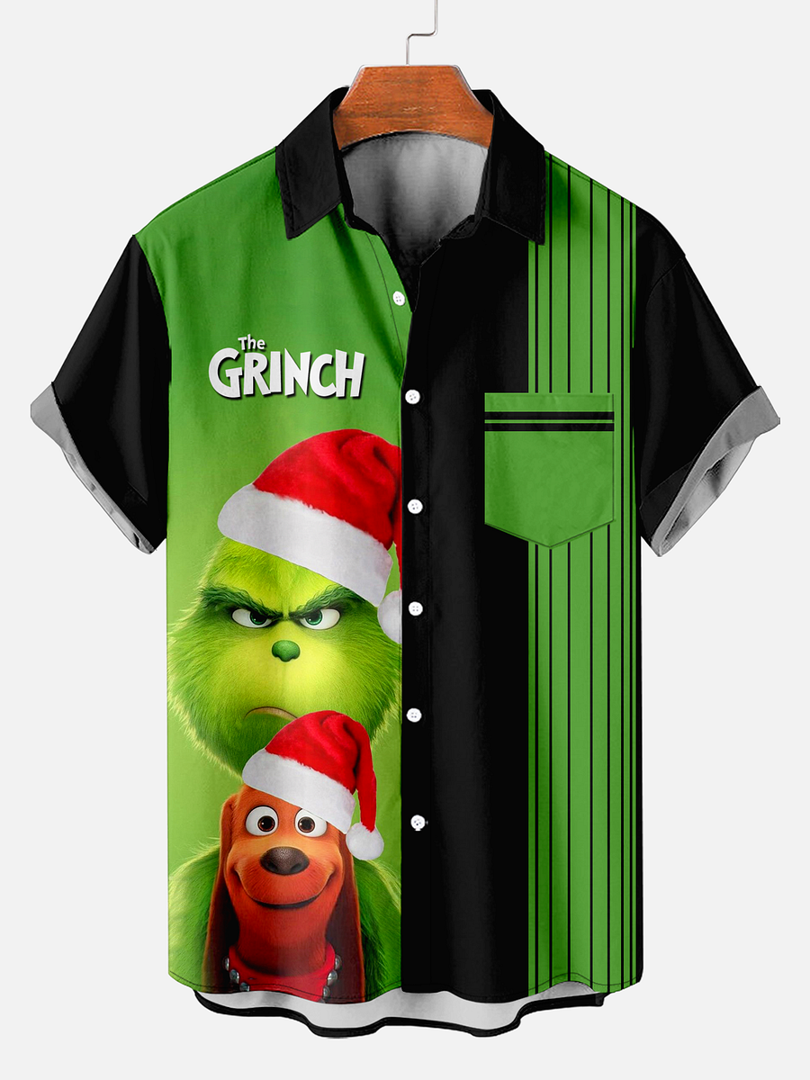 Men's Comfy Christmas Green Furry Monster and Dog Print Shirt