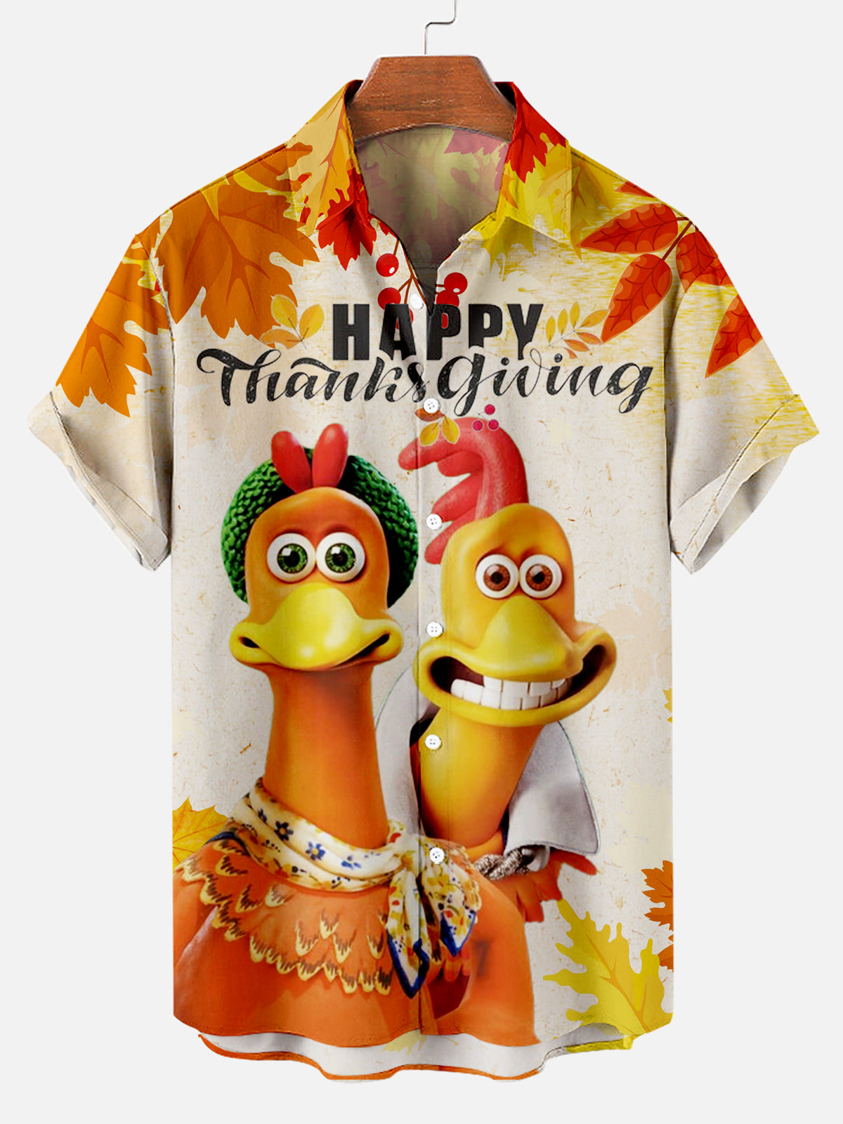 Men's Thanksgiving Creative Design Contrast Color Cartoon Turkey Pattern Short Sleeve Shirt