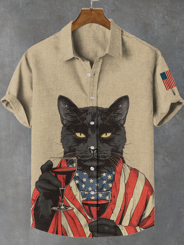 Men's Patriotic Cat Robe Warrior Drinking Red Wine Linen Blend Shirt