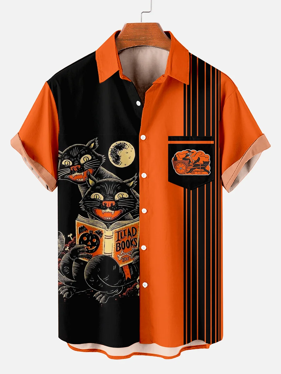 Retro Striped Halloween Black Cat Contrast Color Short Sleeve Printed Shirt