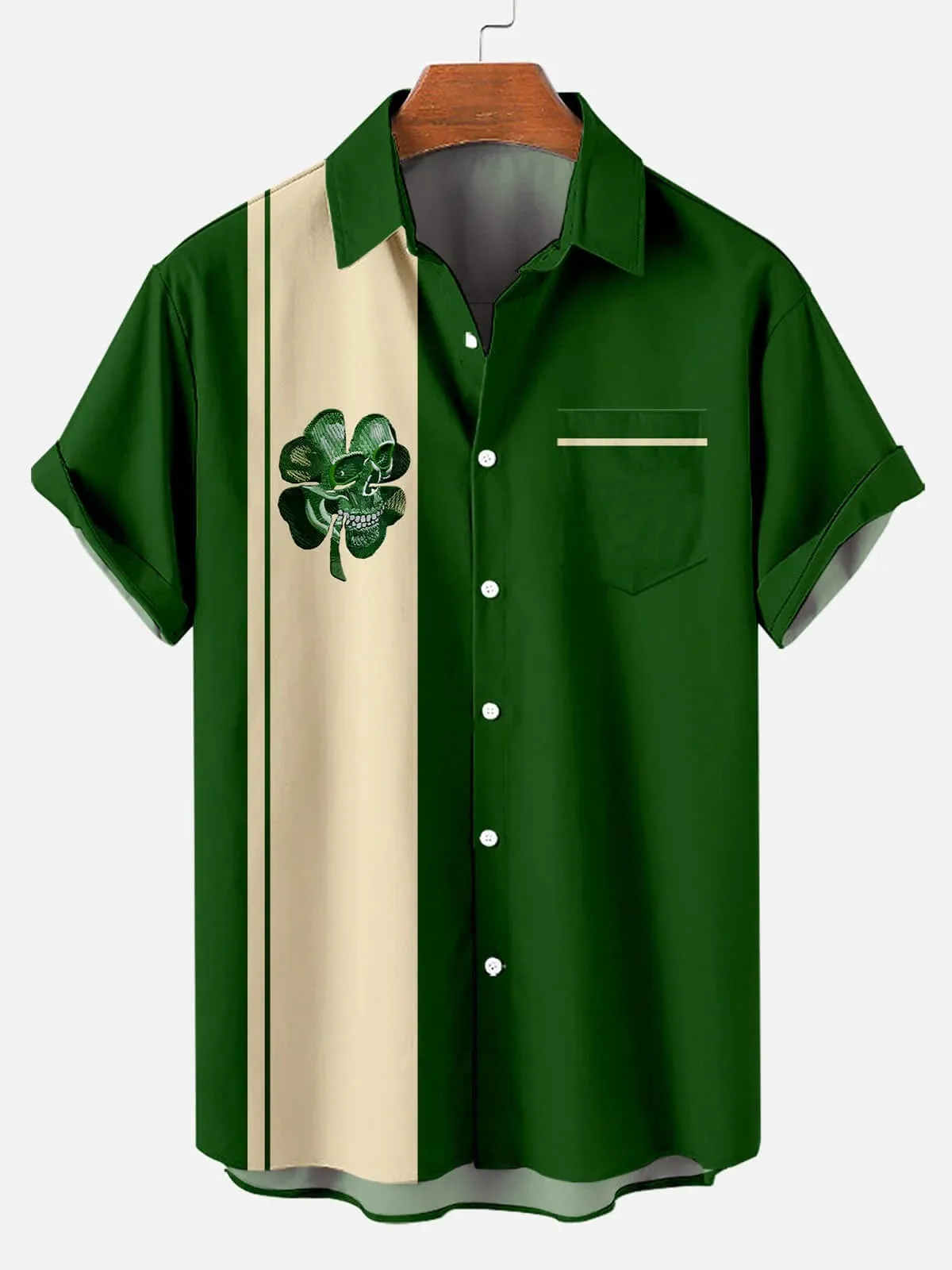 Men's St. Patrick's Clover Skull Pattern Striped Short Sleeve Shirt