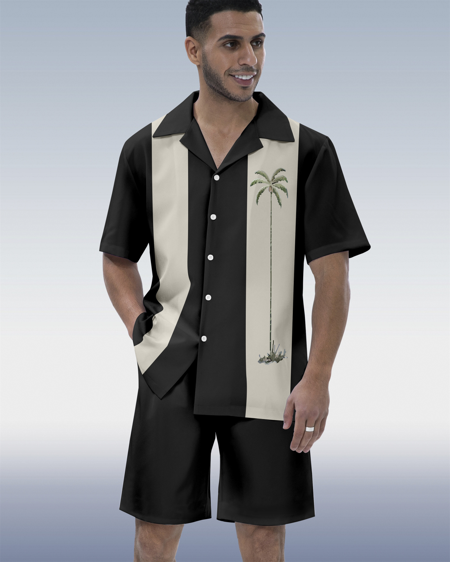 Men's Hawaiian Tiki Party Print Cuban Collar Short Sleeve Shirt Set