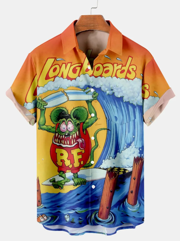 Men's Nostalgic Anime Character Retro Car Short Sleeve Shirt
