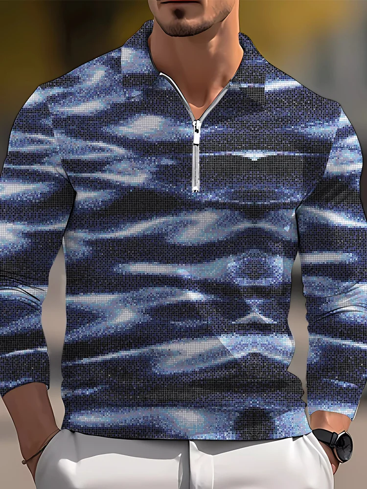 Men's casual art graphic zip long sleeve polo shirt