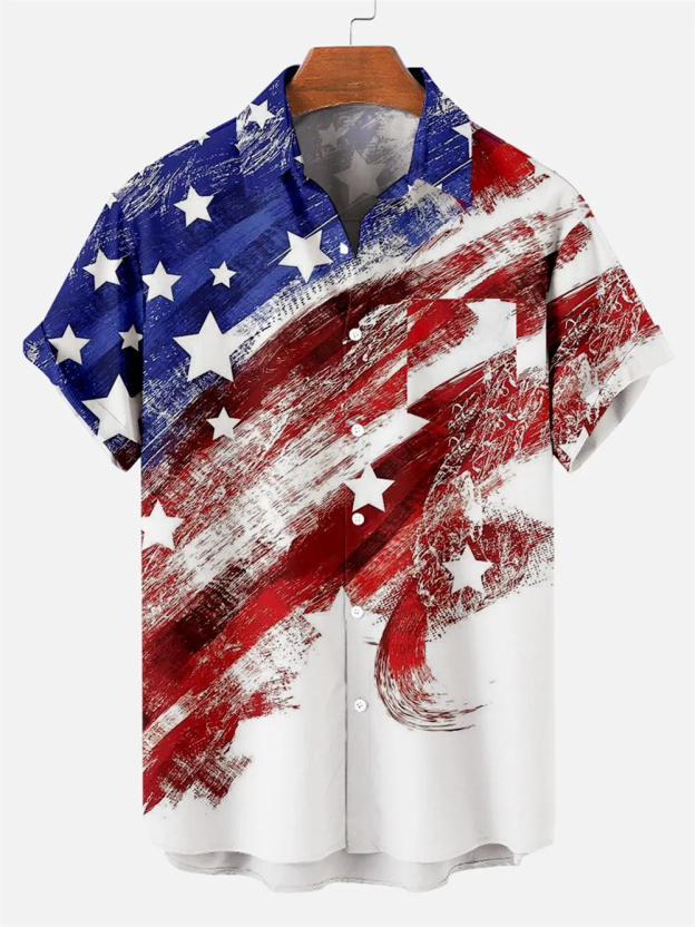 Men's Creative Hand Drawn American Flag Day Pattern Short Sleeve Shirt
