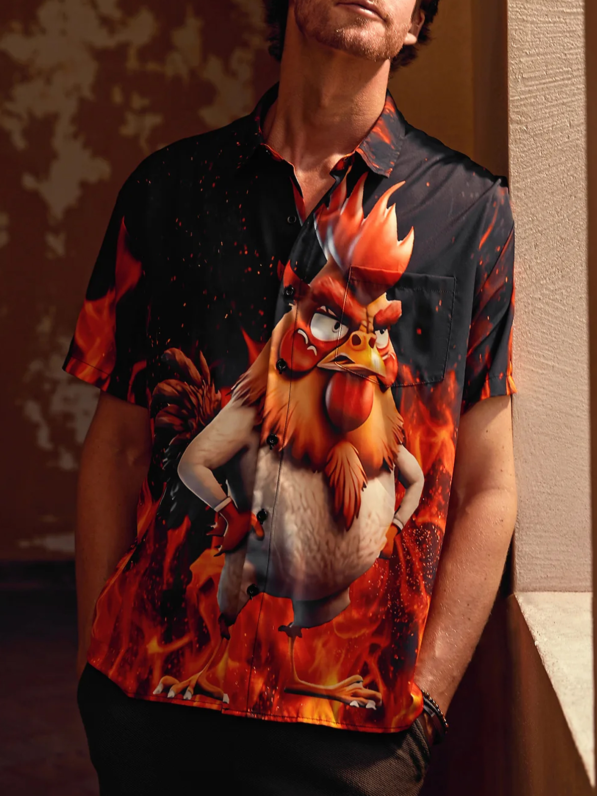 Men's Casual Flame Cartoon Chicken Print Lapel Short Sleeve Shirt